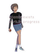 digital artwork with unfinished rendering of my original character against plain white background. They have short brown hair and yellow-ish eyes, a happy expression on their face. They wear a black t-shirt layered over a long sleeve shirt as well as jorts